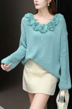 Elegant Blue Floral Zircon Patchwork Knit Sweaters Fall