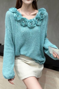 Elegant Blue Floral Zircon Patchwork Knit Sweaters Fall
