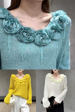 Elegant Blue Floral Zircon Patchwork Knit Sweaters Fall