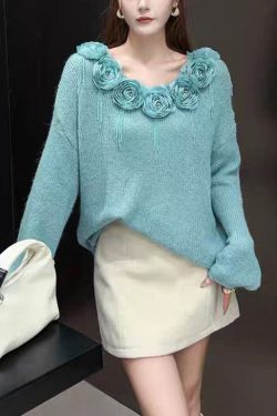 Elegant Blue Floral Zircon Patchwork Knit Sweaters Fall