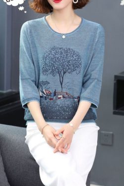 Elegant Blue O-Neck Print Knit Sweater Tops Bracelet Sleeve