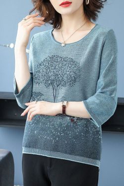 Elegant Blue O-Neck Print Knit Sweater Tops Bracelet Sleeve
