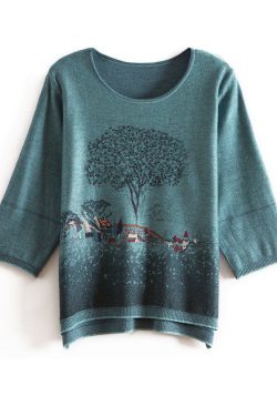 Elegant Blue O-Neck Print Knit Sweater Tops Bracelet Sleeve