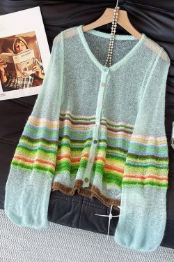 Elegant Blue O Neck Striped Patchwork Thin Knit Cardigans Fall