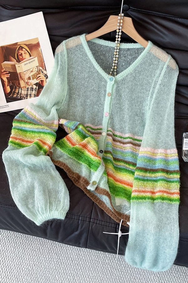 Elegant Blue O Neck Striped Patchwork Thin Knit Cardigans Fall