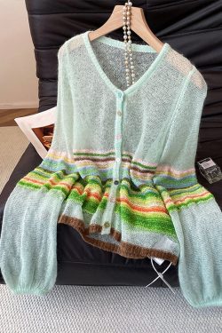 Elegant Blue O Neck Striped Patchwork Thin Knit Cardigans Fall