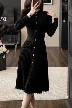 Elegant Blue O Neck Wrinkled Knit Sweaters Dress Winter