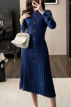Elegant Blue O Neck Wrinkled Knit Sweaters Dress Winter