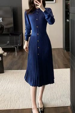Elegant Blue O Neck Wrinkled Knit Sweaters Dress Winter