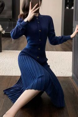 Elegant Blue O Neck Wrinkled Knit Sweaters Dress Winter