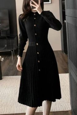 Elegant Blue O Neck Wrinkled Knit Sweaters Dress Winter