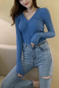 Elegant Blue V Neck Knit Sweater Tops Spring
