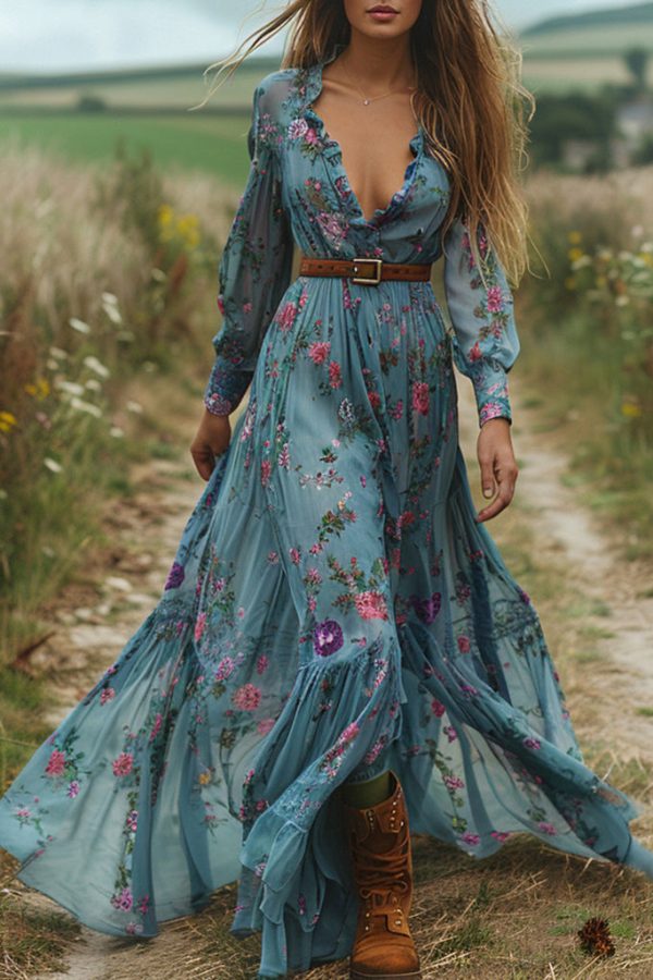Elegant Blue V Neck Ruffled Print Cotton Maxi Dresses Spring