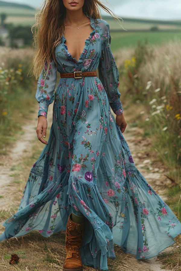 Elegant Blue V Neck Ruffled Print Cotton Maxi Dresses Spring