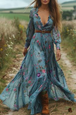 Elegant Blue V Neck Ruffled Print Cotton Maxi Dresses Spring