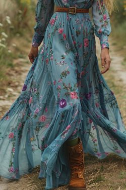Elegant Blue V Neck Ruffled Print Cotton Maxi Dresses Spring