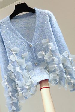 Elegant Blue V Neck Sequins Nail Bead Tassel Cotton Knit Sweater Tops Winter