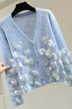 Elegant Blue V Neck Sequins Nail Bead Tassel Cotton Knit Sweater Tops Winter