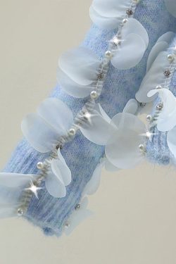 Elegant Blue V Neck Sequins Nail Bead Tassel Cotton Knit Sweater Tops Winter