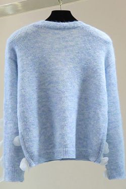 Elegant Blue V Neck Sequins Nail Bead Tassel Cotton Knit Sweater Tops Winter