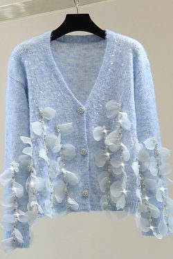 Elegant Blue V Neck Sequins Nail Bead Tassel Cotton Knit Sweater Tops Winter