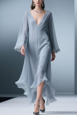 Elegant Blue V Neck Solid Lace Chiffon Long Dress Spring