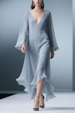 Elegant Blue V Neck Solid Lace Chiffon Long Dress Spring