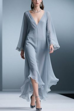 Elegant Blue V Neck Solid Lace Chiffon Long Dress Spring