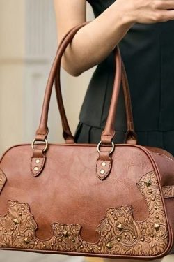 Elegant Brown Appliqued Rivet Faux Leather Shoulder Bags