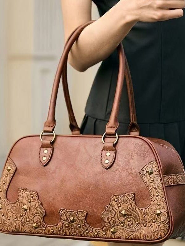 Elegant Brown Appliqued Rivet Faux Leather Shoulder Bags