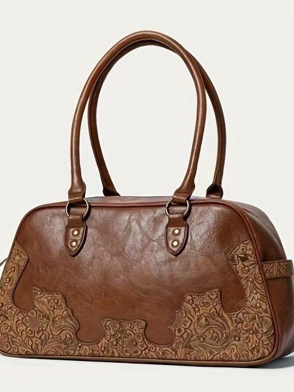 Elegant Brown Appliqued Rivet Faux Leather Shoulder Bags