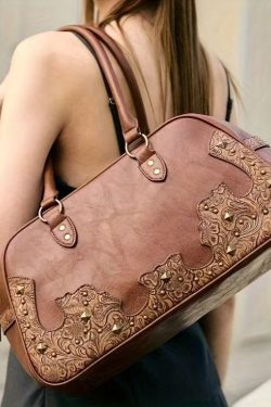 Elegant Brown Appliqued Rivet Faux Leather Shoulder Bags