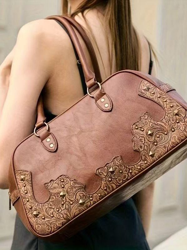 Elegant Brown Appliqued Rivet Faux Leather Shoulder Bags