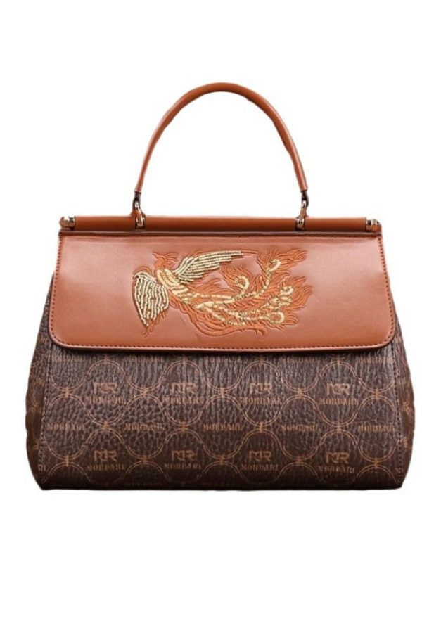 Elegant Brown Embroideried Calf Leather Tote Handbag