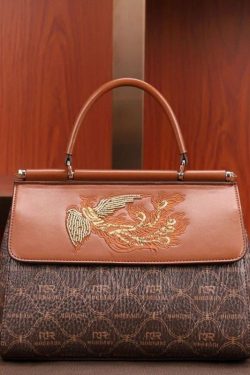 Elegant Brown Embroideried Calf Leather Tote Handbag