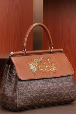 Elegant Brown Embroideried Calf Leather Tote Handbag