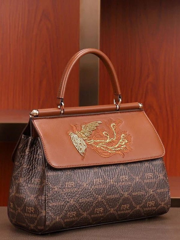 Elegant Brown Embroideried Calf Leather Tote Handbag