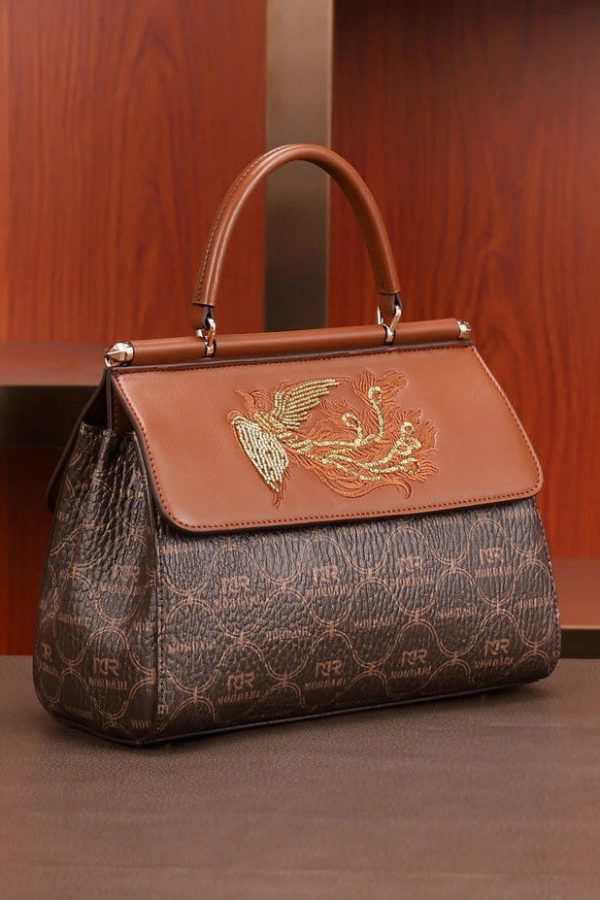 Elegant Brown Embroideried Calf Leather Tote Handbag