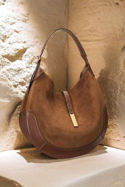 Elegant Brown Patchwork Solid Durable Fine Suede Saddle Bag