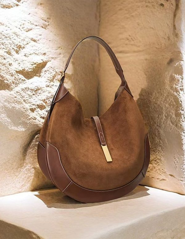 Elegant Brown Patchwork Solid Durable Fine Suede Saddle Bag