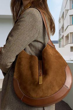 Elegant Brown Patchwork Solid Durable Fine Suede Saddle Bag