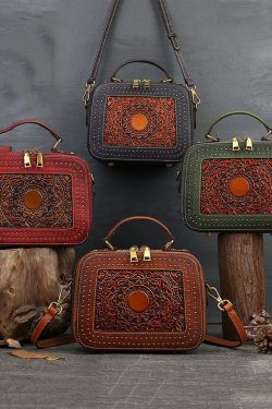 Elegant Brown Square Jacquard Rivet Calf Leather Satchel Handbag