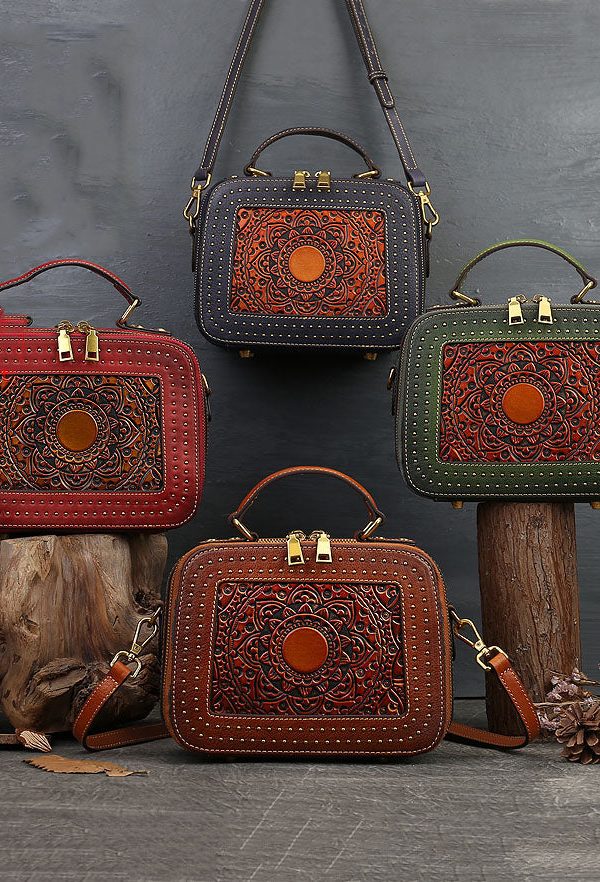 Elegant Brown Square Jacquard Rivet Calf Leather Satchel Handbag