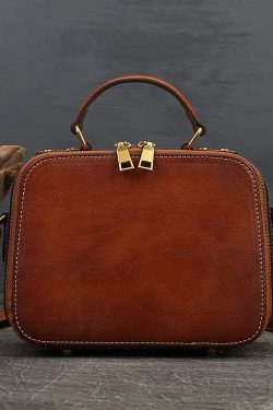 Elegant Brown Square Jacquard Rivet Calf Leather Satchel Handbag