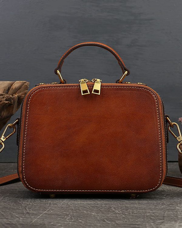 Elegant Brown Square Jacquard Rivet Calf Leather Satchel Handbag