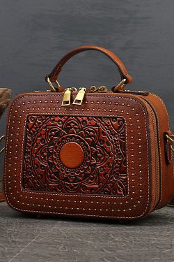 Elegant Brown Square Jacquard Rivet Calf Leather Satchel Handbag
