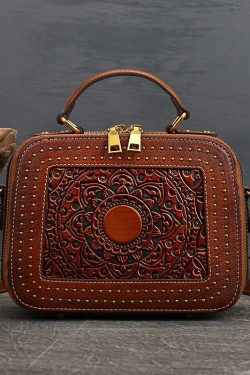 Elegant Brown Square Jacquard Rivet Calf Leather Satchel Handbag