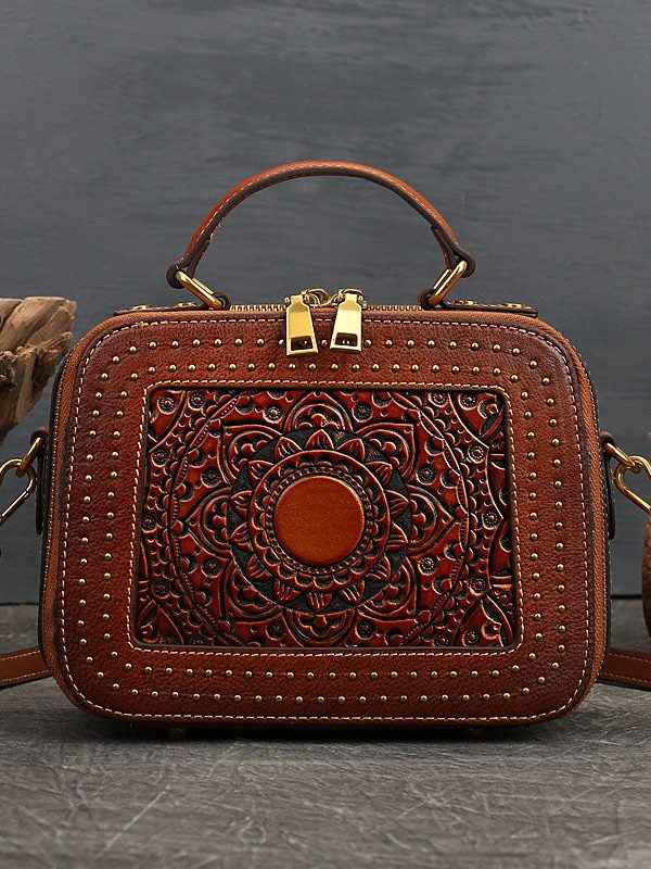 Elegant Brown Square Jacquard Rivet Calf Leather Satchel Handbag