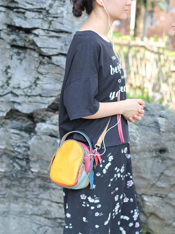 Elegant Colorblock Patchwork Calf Leather Messenger Bag