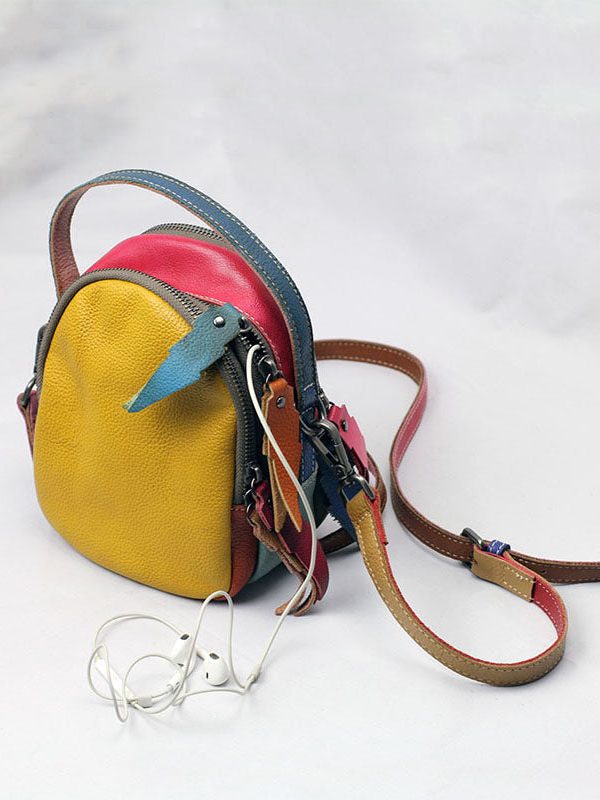 Elegant Colorblock Patchwork Calf Leather Messenger Bag
